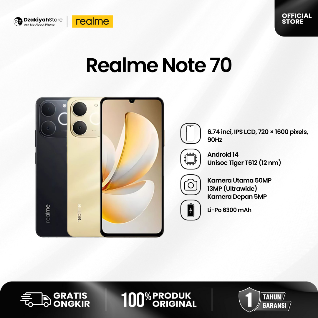 Realme Note 70 Resmi Indonesia 6.74 Inci IPS LCD 90Hz Android 14 Unisoc Tiger T612 Kamera 50MP 13MP Baterai 6300 mAh Garansi 1 Tahun Ponsel Smartphone