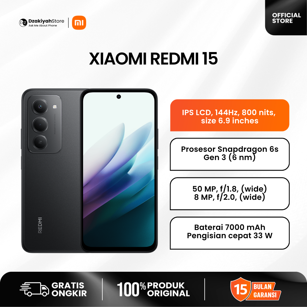 Xiaomi Redmi 15 Baru Resmi Indonesia Layar IPS LCD 144Hz 800 nits 6.9 inci Prosesor Snapdragon 6s Gen 3 Baterai 7000mAh Pengisian Cepat 33W Smartphone Terbaik